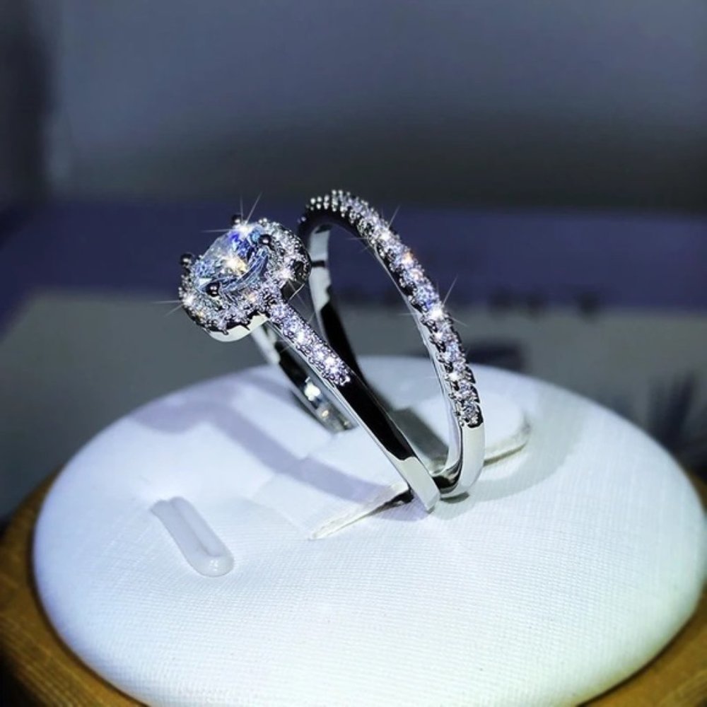 925 Sterling Silver Popular Four-Claw Fashion Ring Two-Piece For Ladies Wedding - Picture 4 of 5